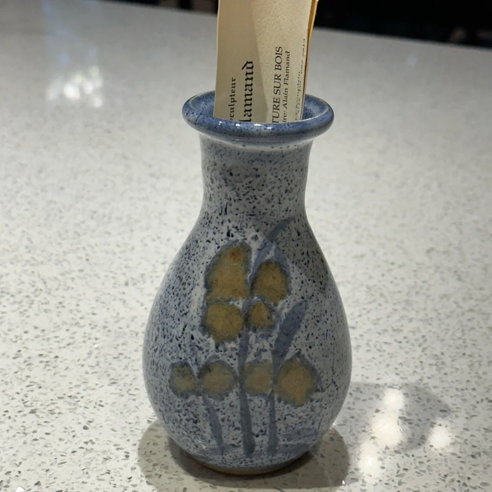 Vintage Blue Speckled Studio Pottery Vase with Floral Detail - Picture 6 of 7